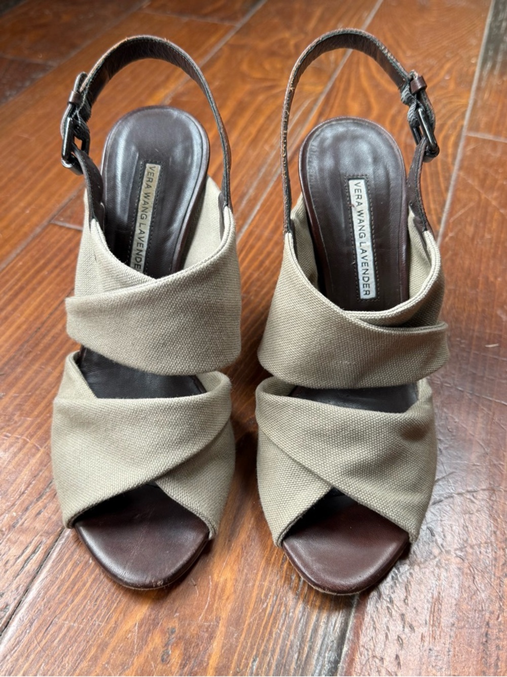 Vera Wang Lavender Label Olive Canvas Crisscross Slingback Heels - Size 7